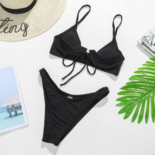 将图片加载到图库查看器，Bikini Swimwear Women Green Swimsuits Bathing Suit Beachwear Women's Ribbed Braided String Bikini Lace Up Swimsuit Square Collar High Cut Bathing Suit
