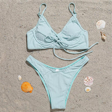 将图片加载到图库查看器，Bikini Swimwear Women Green Swimsuits Bathing Suit Beachwear Women's Ribbed Braided String Bikini Lace Up Swimsuit Square Collar High Cut Bathing Suit
