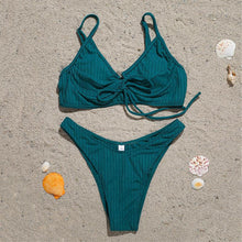 将图片加载到图库查看器，Bikini Swimwear Women Green Swimsuits Bathing Suit Beachwear Women's Ribbed Braided String Bikini Lace Up Swimsuit Square Collar High Cut Bathing Suit
