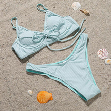 将图片加载到图库查看器，Bikini Swimwear Women Green Swimsuits Bathing Suit Beachwear Women's Ribbed Braided String Bikini Lace Up Swimsuit Square Collar High Cut Bathing Suit
