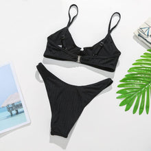 将图片加载到图库查看器，Bikini Swimwear Women Green Swimsuits Bathing Suit Beachwear Women's Ribbed Braided String Bikini Lace Up Swimsuit Square Collar High Cut Bathing Suit
