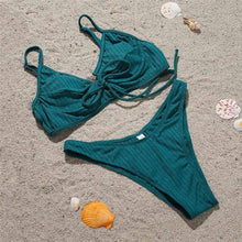 将图片加载到图库查看器，Bikini Swimwear Women Green Swimsuits Bathing Suit Beachwear Women's Ribbed Braided String Bikini Lace Up Swimsuit Square Collar High Cut Bathing Suit
