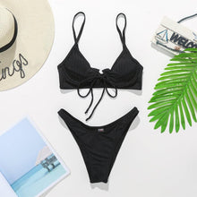 将图片加载到图库查看器，Bikini Swimwear Women Green Swimsuits Bathing Suit Beachwear Women's Ribbed Braided String Bikini Lace Up Swimsuit Square Collar High Cut Bathing Suit
