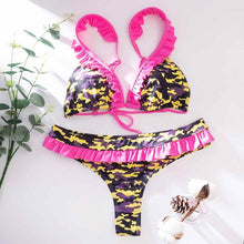 Load image into Gallery viewer, Bikini Triangle Adjust Swimwear Women's Crisscross Halter Bikini Lace Up Back Bandage Two Piece Strappy Bathing Suits G String Thong Swimwear Women Bathing Suit Hollow Out Quality Pleated Swimsuit Female Double-Sided Bikini Set

