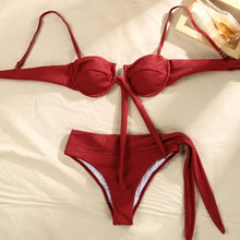 Load image into Gallery viewer, Bikini Triangle Adjust Swimwear Women's Crisscross Halter Bikini Lace Up Back Bandage Two Piece Strappy Bathing Suits G String Thong Swimwear Women Bathing Suit Hollow Out Quality Pleated Swimsuit Female Double-Sided Bikini Set

