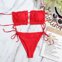 将图片加载到图库查看器，Bikini Women  Swimsuit Female Low Waist Swimwear Women Beach Mini Thong Bikini Set Bathing Suit Women Thong Swimsuits Strapless 2 Piece Bikini String Tie Ruffle Brazilian Bathing Suit
