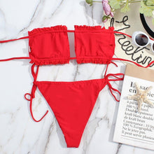 将图片加载到图库查看器，Bikini Women  Swimsuit Female Low Waist Swimwear Women Beach Mini Thong Bikini Set Bathing Suit Women Thong Swimsuits Strapless 2 Piece Bikini String Tie Ruffle Brazilian Bathing Suit
