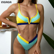 Load image into Gallery viewer, Bikinis Ribbed Swimwear Women's Swimsuit Push Up Bathing Suit Solid Patchwork High Cut Bikini Set Women Padded Push up Bikini Set Halter Two Piece Cross Top Swimsuit Patchwork Bathing Suit
