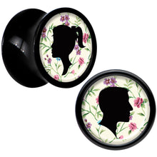 Load image into Gallery viewer, Black Acrylic Man Woman Floral Silhouette Saddle Plug Set 0G
