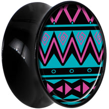 Load image into Gallery viewer, Black Acrylic Pink Teal Tribal Print Saddle Plug Set 18mm
