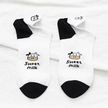 将图片加载到图库查看器，Black And White Embroidery Female Tide Socks Shallow Mouth Summer Cartoon Cow Cute Fashion Boat Socks Unisex Men And Women Cotton Ankle Socks
