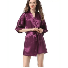Load image into Gallery viewer, Black Lightweight Elegant Faux Silk Bathrobes For Women V Neck Design  Bridesmaid Bathrobe Wedding  Short Women Bathrobes
