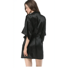 Load image into Gallery viewer, Black Lightweight Elegant Faux Silk Bathrobes For Women V Neck Design  Bridesmaid Bathrobe Wedding  Short Women Bathrobes
