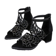 将图片加载到图库查看器，Black Luxury Style Women Summer Sandals Hollow Out Leather Rhinestones Thick Heel Zipper Sandals Beach Sandals Rhinestone Hollow Out Non Slip Breathable Casual Rhinestone Summer Fashion Comfy Sandals
