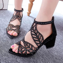 将图片加载到图库查看器，Black Luxury Style Women Summer Sandals Hollow Out Leather Rhinestones Thick Heel Zipper Sandals Beach Sandals Rhinestone Hollow Out Non Slip Breathable Casual Rhinestone Summer Fashion Comfy Sandals
