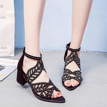 将图片加载到图库查看器，Black Luxury Style Women Summer Sandals Hollow Out Leather Rhinestones Thick Heel Zipper Sandals Beach Sandals Rhinestone Hollow Out Non Slip Breathable Casual Rhinestone Summer Fashion Comfy Sandals
