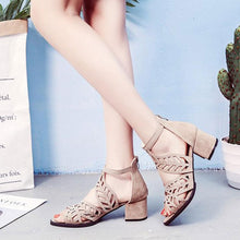 将图片加载到图库查看器，Black Luxury Style Women Summer Sandals Hollow Out Leather Rhinestones Thick Heel Zipper Sandals Beach Sandals Rhinestone Hollow Out Non Slip Breathable Casual Rhinestone Summer Fashion Comfy Sandals
