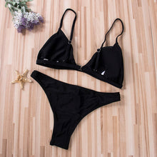 Load image into Gallery viewer, Black Micro Bikini Set Women 2 Pieces Swimsuit Swimwear Push Up Padded Bra Thongs Bathing Suit Beachwear Women's Tie Side Bottom Padded Top Triangle Bikini Bathing Suit

