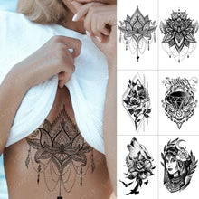 Load image into Gallery viewer, Black Sketchs Flowers Waterproof Temporary Tattoo Sticker Chest Flash Tattoo Wolf Diamond Flower Body Art Arm Fake Tattoo For Womens Men

