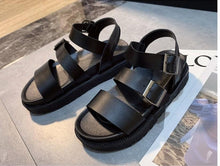 Load image into Gallery viewer, Black Summer Woman Flat Platform Sandals Women Soft Leather Casual Open Toe Women Shoes Slides Sandals Comfort Footbed Double Buckle Adjustable Slippers Summer Non Slip Flat Elegant Sandals
