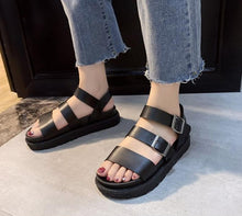 Load image into Gallery viewer, Black Summer Woman Flat Platform Sandals Women Soft Leather Casual Open Toe Women Shoes Slides Sandals Comfort Footbed Double Buckle Adjustable Slippers Summer Non Slip Flat Elegant Sandals
