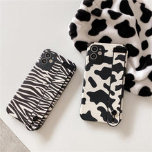 Load image into Gallery viewer, Black White Leopard Milk Pattern PU Leather Phone Case For iPhone 14 13 12 11 Pro XS MAX X XR 8 Plus Cover Hand Band Wrist Strap Women Leopard Pattern Clear Phone Case with Camera Protection Phone Protective Cover Modern Design Phone Cases
