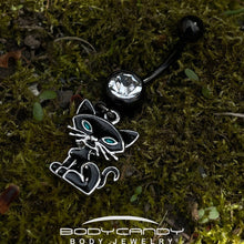 Load image into Gallery viewer, Clear Gem Black Blue Eyed Black Cat Dangle Belly Ring
