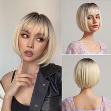 将图片加载到图库查看器，Blonde White Black Ombre Bob Synthetic Wigs for Women Straight Hair Wigs Cosplay Party Wig with bangs Heat Resistant Wigs For Black Women Cosplay Wigs For Women
