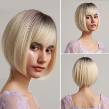 将图片加载到图库查看器，Blonde White Black Ombre Bob Synthetic Wigs for Women Straight Hair Wigs Cosplay Party Wig with bangs Heat Resistant Wigs For Black Women Cosplay Wigs For Women
