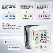 Load image into Gallery viewer, Blood Pressure Monitor Digital Wrist BP Machine Automatic BP Cuff with 2 Users 180 Memory Voice Large LCD Display
