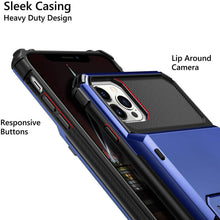 Load image into Gallery viewer, Blue Men Card Holder Hidden Pocket Phone Case Dual Layer Bumper Armor Protective Cover For iPhone 14 13 Pro Max 13 Mini 13 Pro Card Slots Wallet Case Cover Slide Armor Wallet Card Slots Holder for iPhone 13
