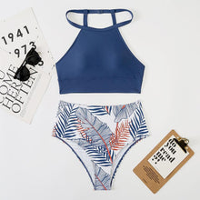 将图片加载到图库查看器，Brown Leaf Print High Waist Bikini Set 2 Piece Summer Padded Push Up High Waist Bikini Swimsuit Swimwear Swimsuit Women High Neck Two Pieces Swimwear Female Sports Bathing Suit
