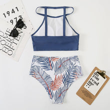将图片加载到图库查看器，Brown Leaf Print High Waist Bikini Set 2 Piece Summer Padded Push Up High Waist Bikini Swimsuit Swimwear Swimsuit Women High Neck Two Pieces Swimwear Female Sports Bathing Suit
