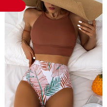 将图片加载到图库查看器，Brown Leaf Print High Waist Bikini Set 2 Piece Summer Padded Push Up High Waist Bikini Swimsuit Swimwear Swimsuit Women High Neck Two Pieces Swimwear Female Sports Bathing Suit
