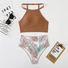 将图片加载到图库查看器，Brown Leaf Print High Waist Bikini Set 2 Piece Summer Padded Push Up High Waist Bikini Swimsuit Swimwear Swimsuit Women High Neck Two Pieces Swimwear Female Sports Bathing Suit
