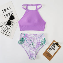 将图片加载到图库查看器，Brown Leaf Print High Waist Bikini Set 2 Piece Summer Padded Push Up High Waist Bikini Swimsuit Swimwear Swimsuit Women High Neck Two Pieces Swimwear Female Sports Bathing Suit
