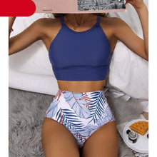 将图片加载到图库查看器，Brown Leaf Print High Waist Bikini Set 2 Piece Summer Padded Push Up High Waist Bikini Swimsuit Swimwear Swimsuit Women High Neck Two Pieces Swimwear Female Sports Bathing Suit
