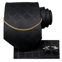 将图片加载到图库查看器，Business Black Silk Necktie Chain Classic Tie Square Handkerchief Elegant Cufflink Wedding Formal Neckties For Men
