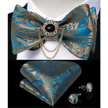 Load image into Gallery viewer, Business Elegant Gold Black Pattern Elegant Wedding Silk Bowtie Men Butterfly Fashion Bow Ties Pocket Square Classic Business Tuxedo Wedding Bowties Handkerchief Set
