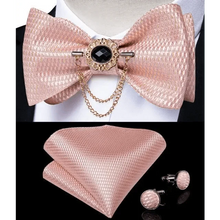 Load image into Gallery viewer, Business Elegant Gold Black Pattern Elegant Wedding Silk Bowtie Men Butterfly Fashion Bow Ties Pocket Square Classic Business Tuxedo Wedding Bowties Handkerchief Set
