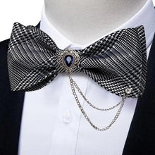 Load image into Gallery viewer, Business Elegant Gold Black Pattern Elegant Wedding Silk Bowtie Men Butterfly Fashion Bow Ties Pocket Square Classic Business Tuxedo Wedding Bowties Handkerchief Set
