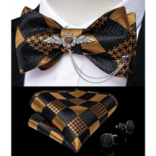 Load image into Gallery viewer, Business Elegant Gold Black Pattern Elegant Wedding Silk Bowtie Men Butterfly Fashion Bow Ties Pocket Square Classic Business Tuxedo Wedding Bowties Handkerchief Set
