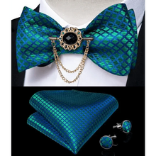 Load image into Gallery viewer, Business Elegant Gold Black Pattern Elegant Wedding Silk Bowtie Men Butterfly Fashion Bow Ties Pocket Square Classic Business Tuxedo Wedding Bowties Handkerchief Set
