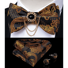 Load image into Gallery viewer, Business Elegant Gold Black Pattern Elegant Wedding Silk Bowtie Men Butterfly Fashion Bow Ties Pocket Square Classic Business Tuxedo Wedding Bowties Handkerchief Set
