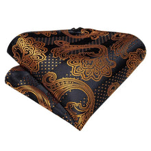 Load image into Gallery viewer, Business Elegant Gold Black Pattern Elegant Wedding Silk Bowtie Men Butterfly Fashion Bow Ties Pocket Square Classic Business Tuxedo Wedding Bowties Handkerchief Set
