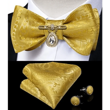 Load image into Gallery viewer, Business Elegant Gold Black Pattern Elegant Wedding Silk Bowtie Men Butterfly Fashion Bow Ties Pocket Square Classic Business Tuxedo Wedding Bowties Handkerchief Set
