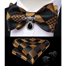 Load image into Gallery viewer, Business Elegant Gold Black Pattern Elegant Wedding Silk Bowtie Men Butterfly Fashion Bow Ties Pocket Square Classic Business Tuxedo Wedding Bowties Handkerchief Set

