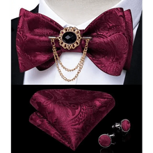 Load image into Gallery viewer, Business Elegant Gold Black Pattern Elegant Wedding Silk Bowtie Men Butterfly Fashion Bow Ties Pocket Square Classic Business Tuxedo Wedding Bowties Handkerchief Set
