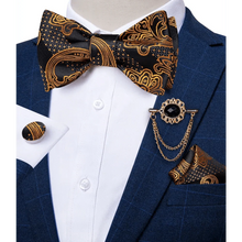 Load image into Gallery viewer, Business Elegant Gold Black Pattern Elegant Wedding Silk Bowtie Men Butterfly Fashion Bow Ties Pocket Square Classic Business Tuxedo Wedding Bowties Handkerchief Set
