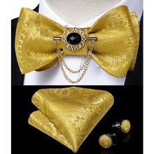 Load image into Gallery viewer, Business Elegant Gold Black Pattern Elegant Wedding Silk Bowtie Men Butterfly Fashion Bow Ties Pocket Square Classic Business Tuxedo Wedding Bowties Handkerchief Set
